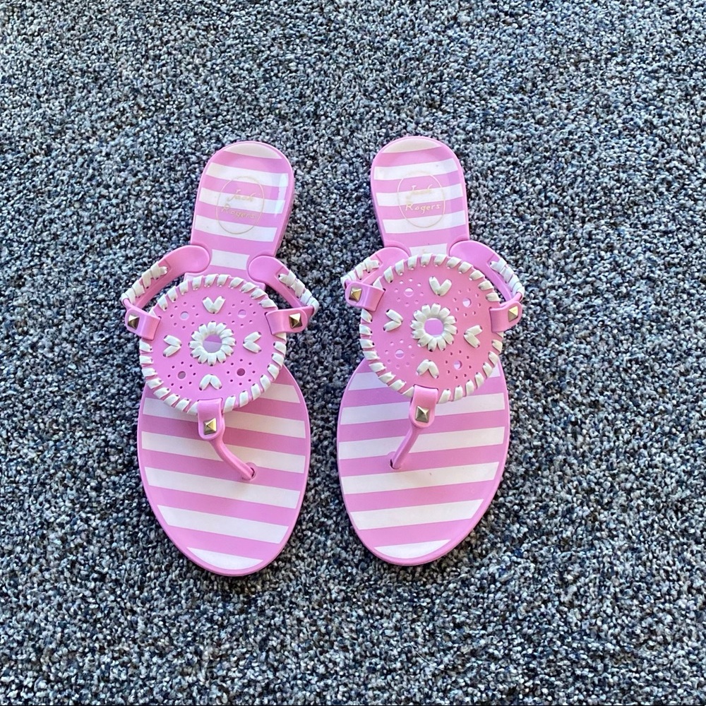 Jack Rogers, striped Georgica Jelly Sandal in Lavender Pink and White, Size 7